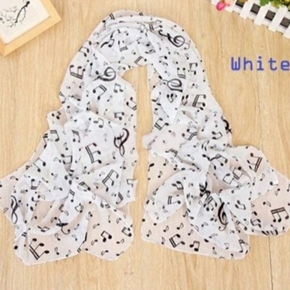 Chiffon Black Music Note Print Wrap Scarf White + Scarf Buckle - Picture 12 of 16